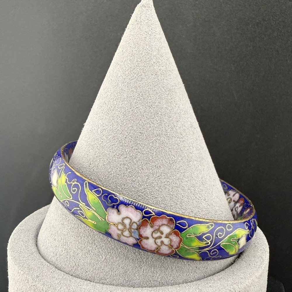 Vintage Estate Cloisonne Bangle Blue Floral Enamel Chinese‎ 8" READ